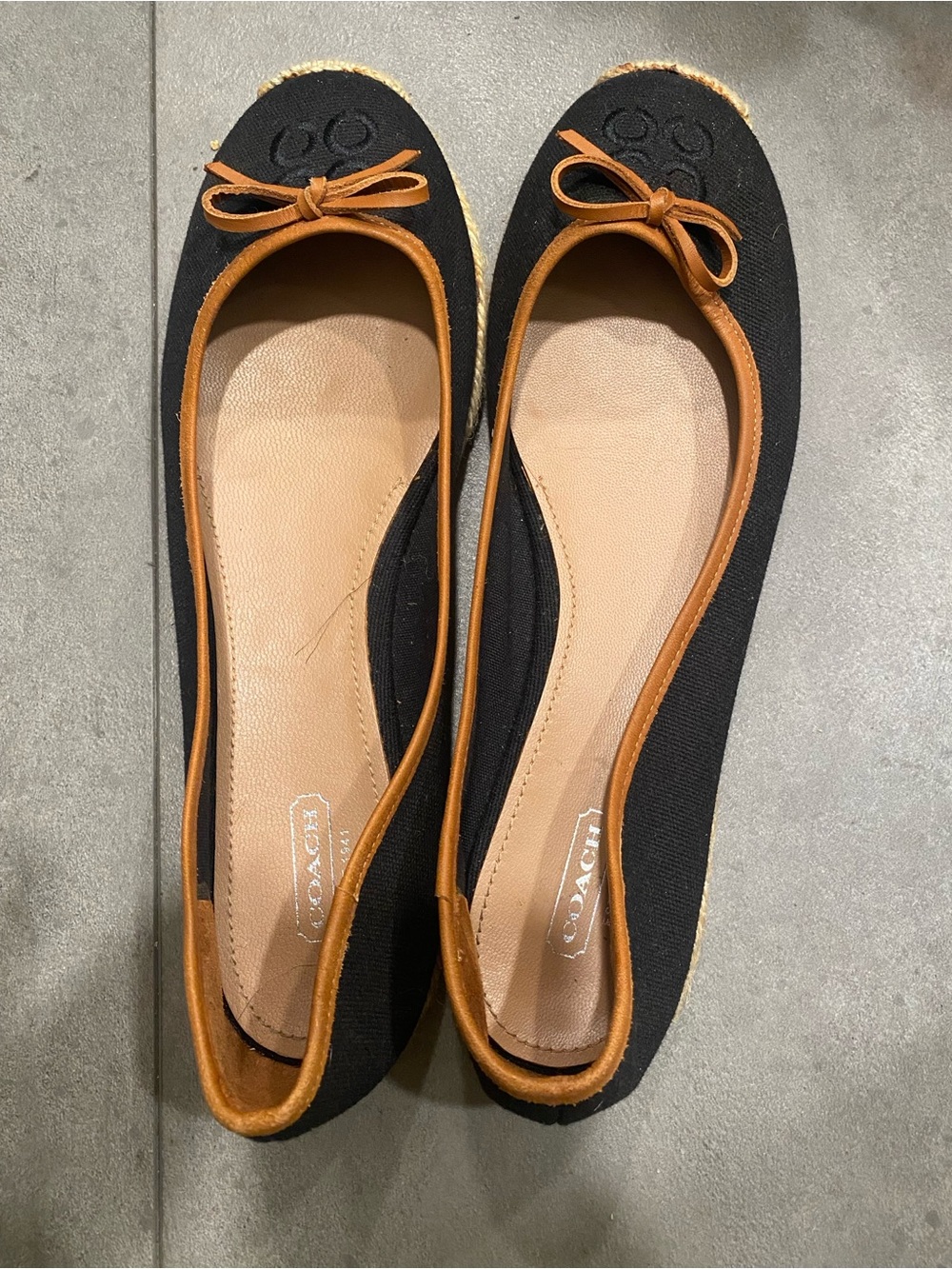 Coach Black Canvas Ballet Flats with Tan Leather Trim and Bow Accent